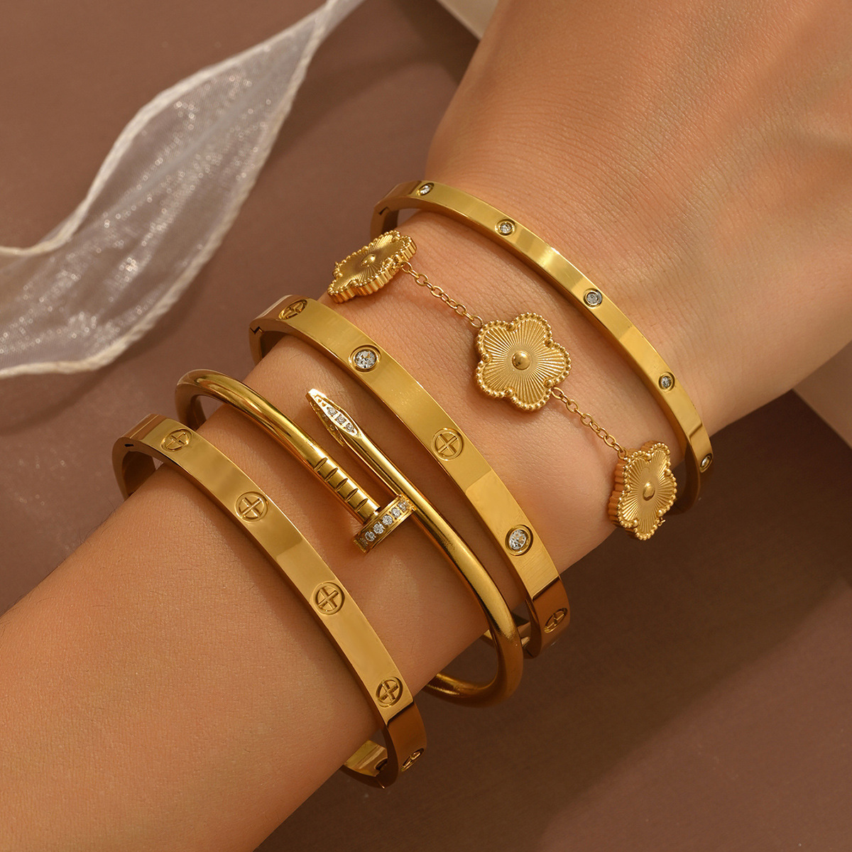 Bangles Luxury Gold Tone Bracelet Stackable Set Featuring Screw Design And Flower Charm Pendant Elegant Jewelry Gift For Her - view 3