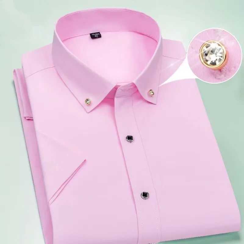 Basic Men Business Dress Shirt Summer Short Sleeve Thin Diamond Button Version White Blue Casual Suit Wedding Formal Party Shirt Z260805