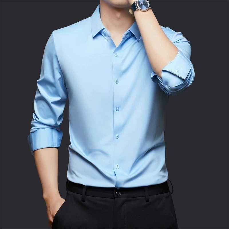 High Stretch Men's Dress Shirt Long Sleeved Solid Color Silky Business Casual Smooth Work Wrinkle Free White Black Office Shirt Z260805 - view 3