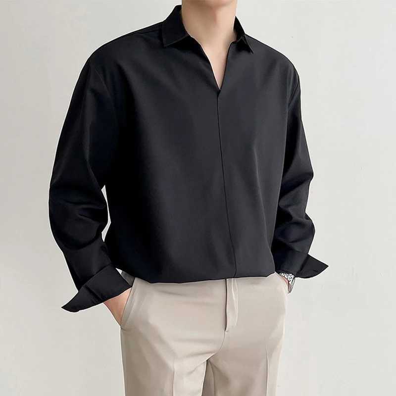 New Korean V Neck Men Shirts Luxury Casual Drooping Style Slim Solid Color Long Sleeve Pullover Blouse High Quality Autumn Tops Z260805 - view 6