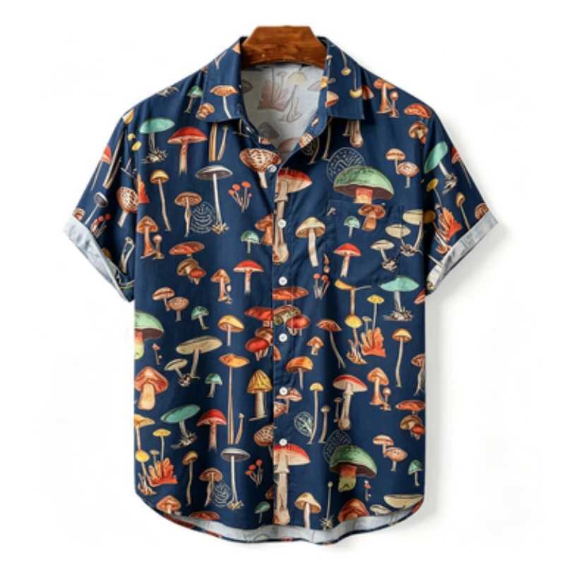 Men's short sleeved shirt with European and American style colorful mushroom print men's short sleeved shirt business casual Z260805