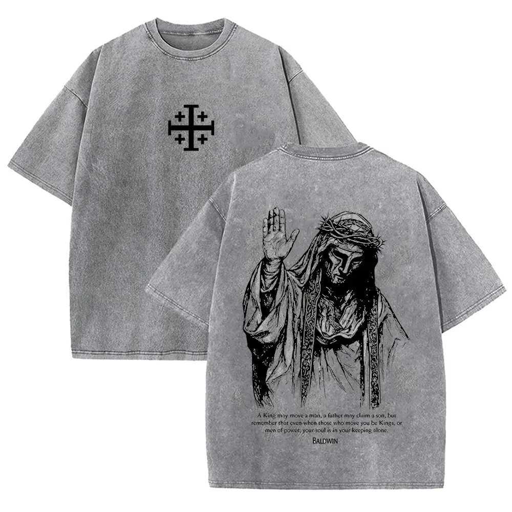 of 2026 Crown Jesus With Thorns T Shirt Vintage Washed Grey Graphic Tee Unisex Casual Religious Top J260804 - view 3