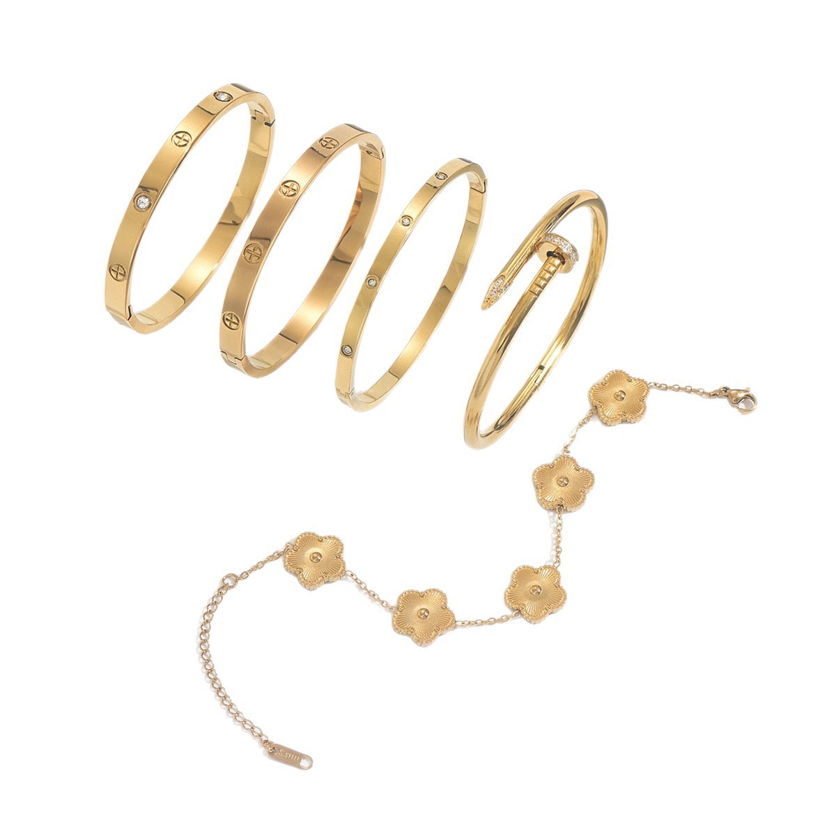 Bangles Luxury Gold Tone Bracelet Stackable Set Featuring Screw Design And Flower Charm Pendant Elegant Jewelry Gift For Her - view 6