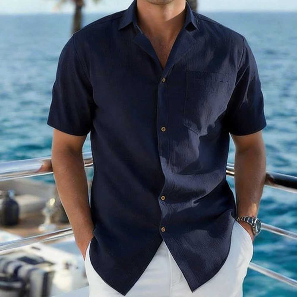 Summer Men's Solid Color Short Sleeve Breathable Lightweight Button Lapel Collar Shirts Male Casual Vacation Shirts Tops Z260805