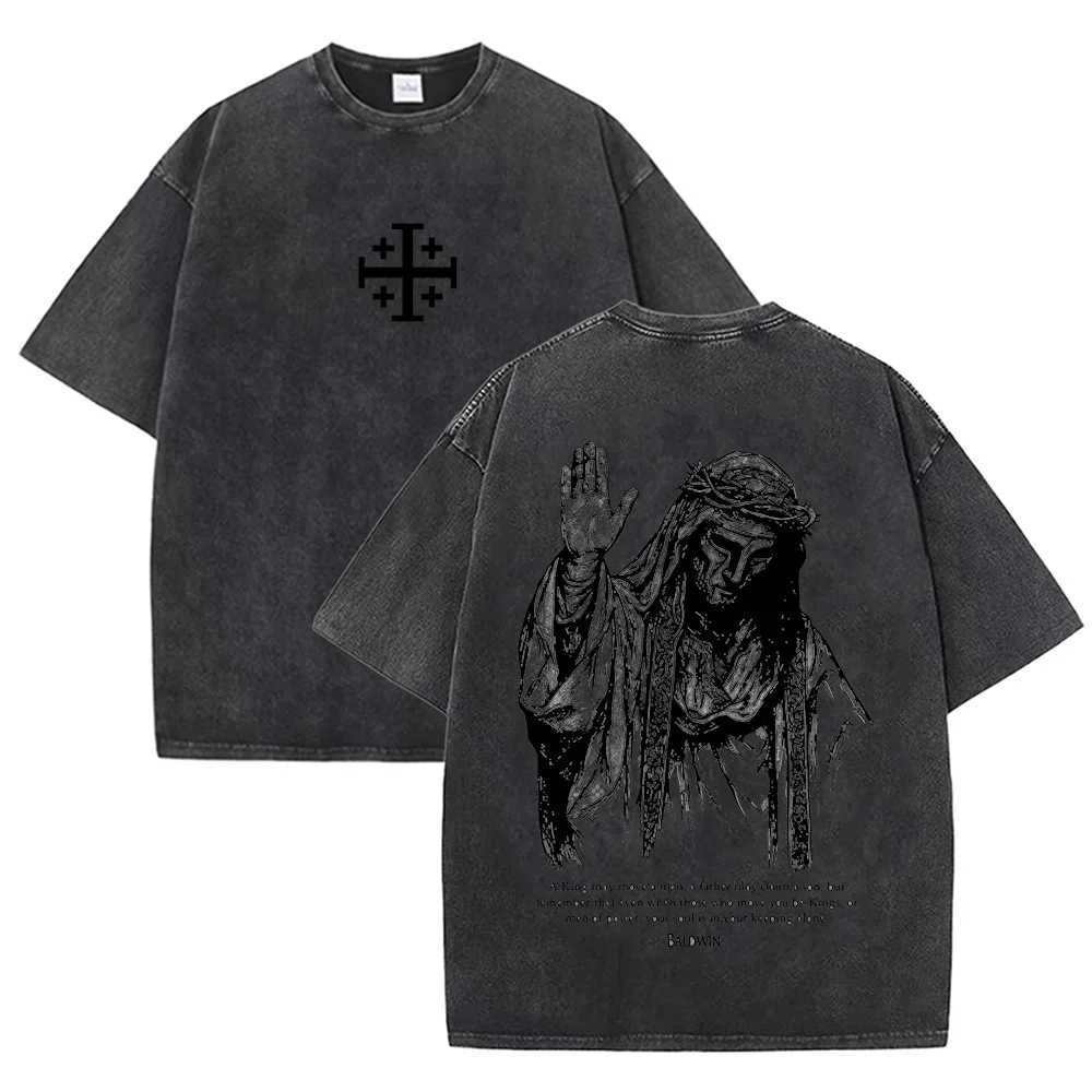 of 2026 Crown Jesus With Thorns T Shirt Vintage Washed Grey Graphic Tee Unisex Casual Religious Top J260804