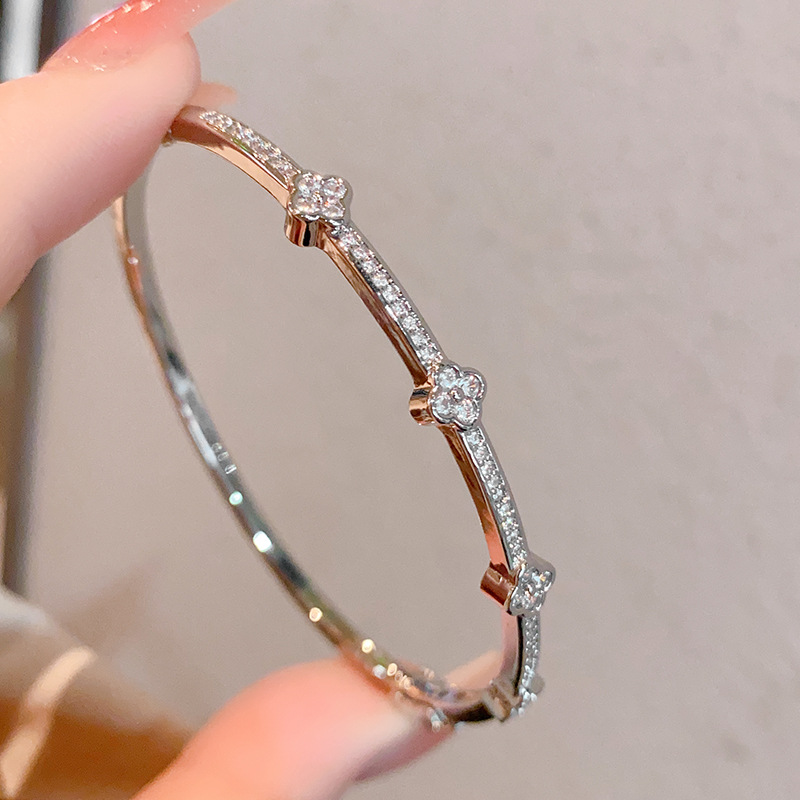 Gold Bangle Stylish Four Leaf Clover Hinged Bracelet Featuring Micro Pave Diamond Clusters For Women Daily Wear Gift - view 3