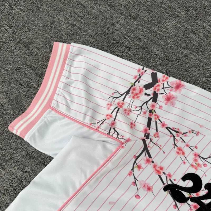 Tshirts Vintage Cherry Blossom High Street Pink Collar Stripe Splicing Women Men Short Sleeve Tee Tops J260805