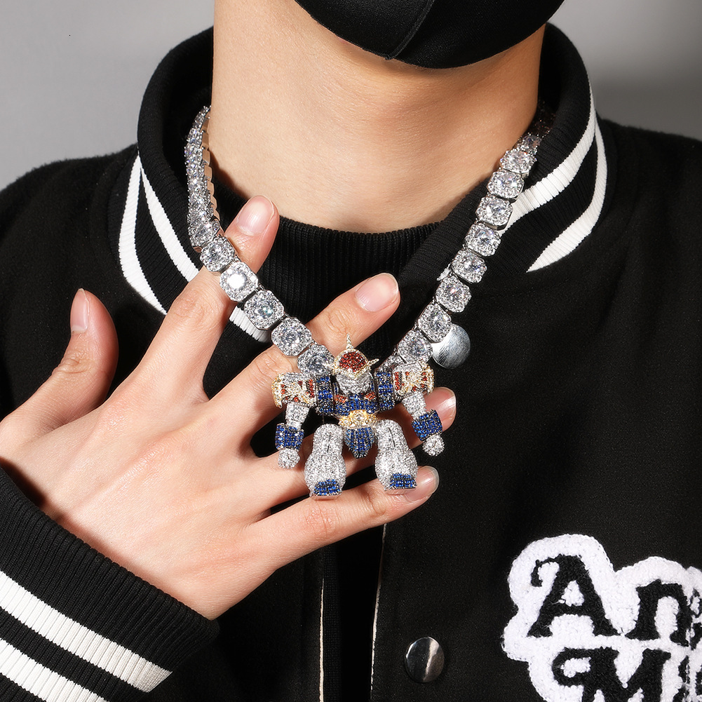 Cartoon Dragon Warrior Pendant Necklace Men Versatile High End Zinc Alloy Micro Inlaid Diamond Robot Hip Hop Silver Plated - view 6