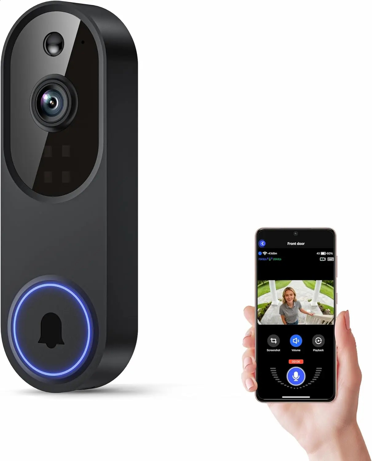 Wireless Wi-Fi Video Doorbell Camera with Two-Way Audio AI Motion Detection Night Vision Cloud Storage 2.4G Wi-Fi Black 260805