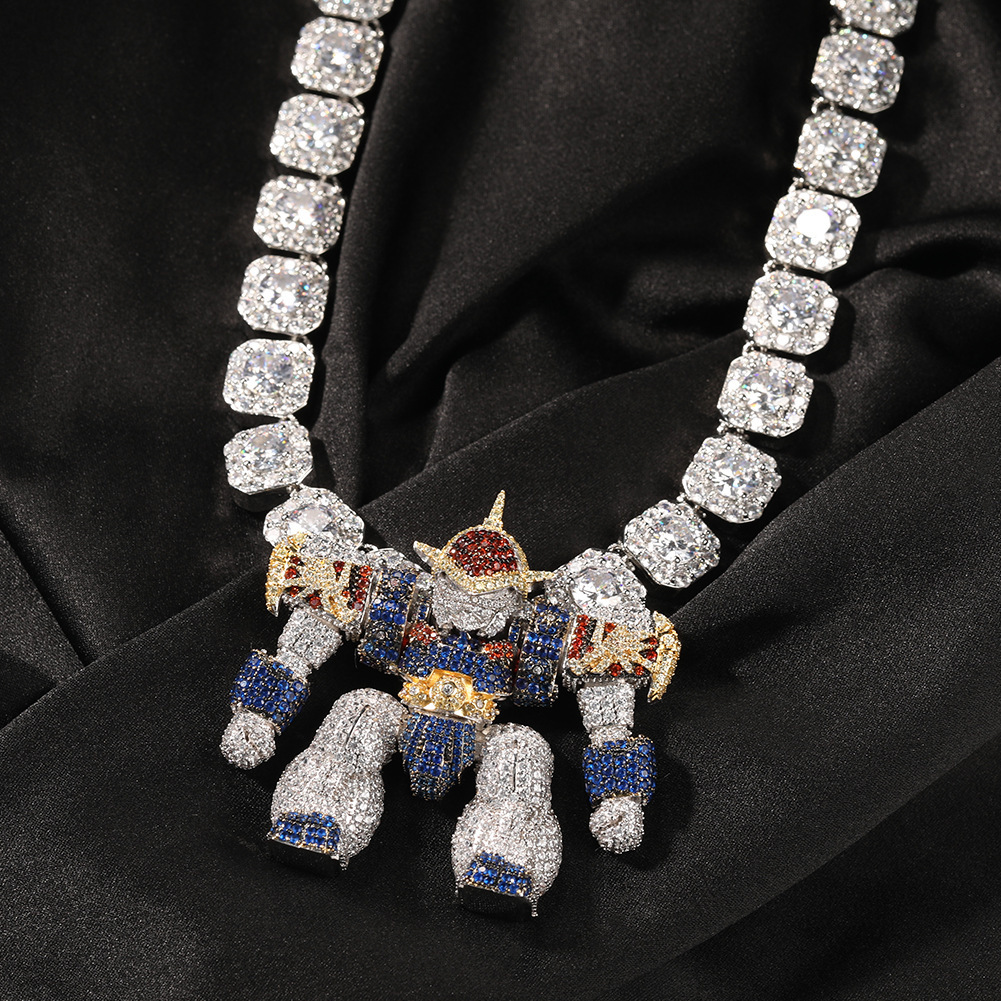Cartoon Dragon Warrior Pendant Necklace Men Versatile High End Zinc Alloy Micro Inlaid Diamond Robot Hip Hop Silver Plated - view 7