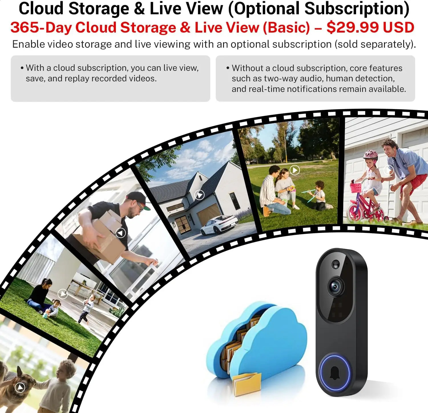 Wireless Wi-Fi Video Doorbell Camera with Two-Way Audio AI Motion Detection Night Vision Cloud Storage 2.4G Wi-Fi Black 260805 - view 6