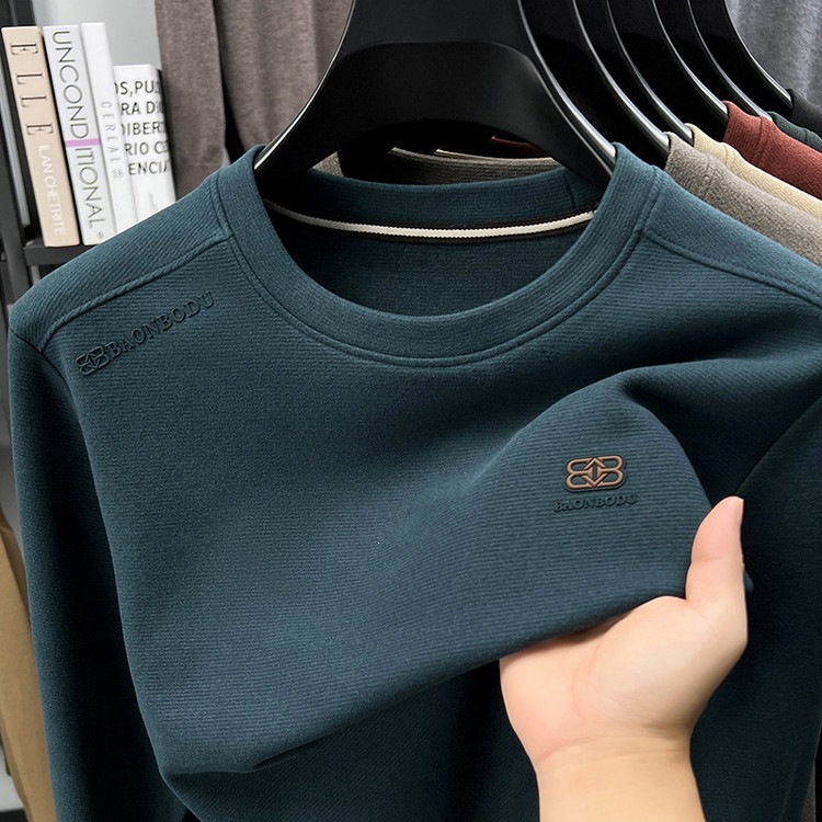 Luxury Fashion Designer Clothes Wool Blend Long-Sleeve Sweatshirt Men, Simple Casual, Versatile, Stretchy, Round-Neck, Base Shirt, T-Shirt Top For Spr - view 5