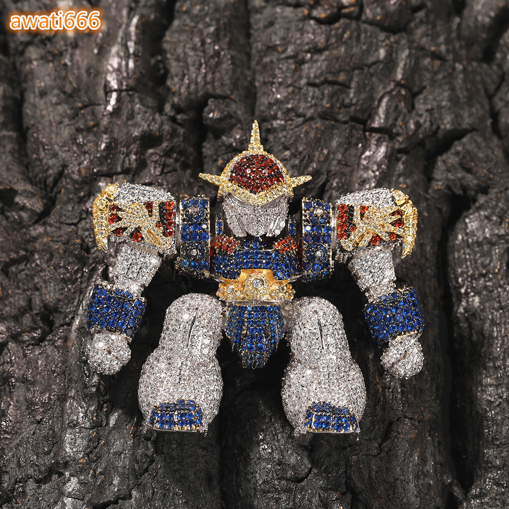 Cartoon Dragon Warrior Pendant Necklace Men Versatile High End Zinc Alloy Micro Inlaid Diamond Robot Hip Hop Silver Plated