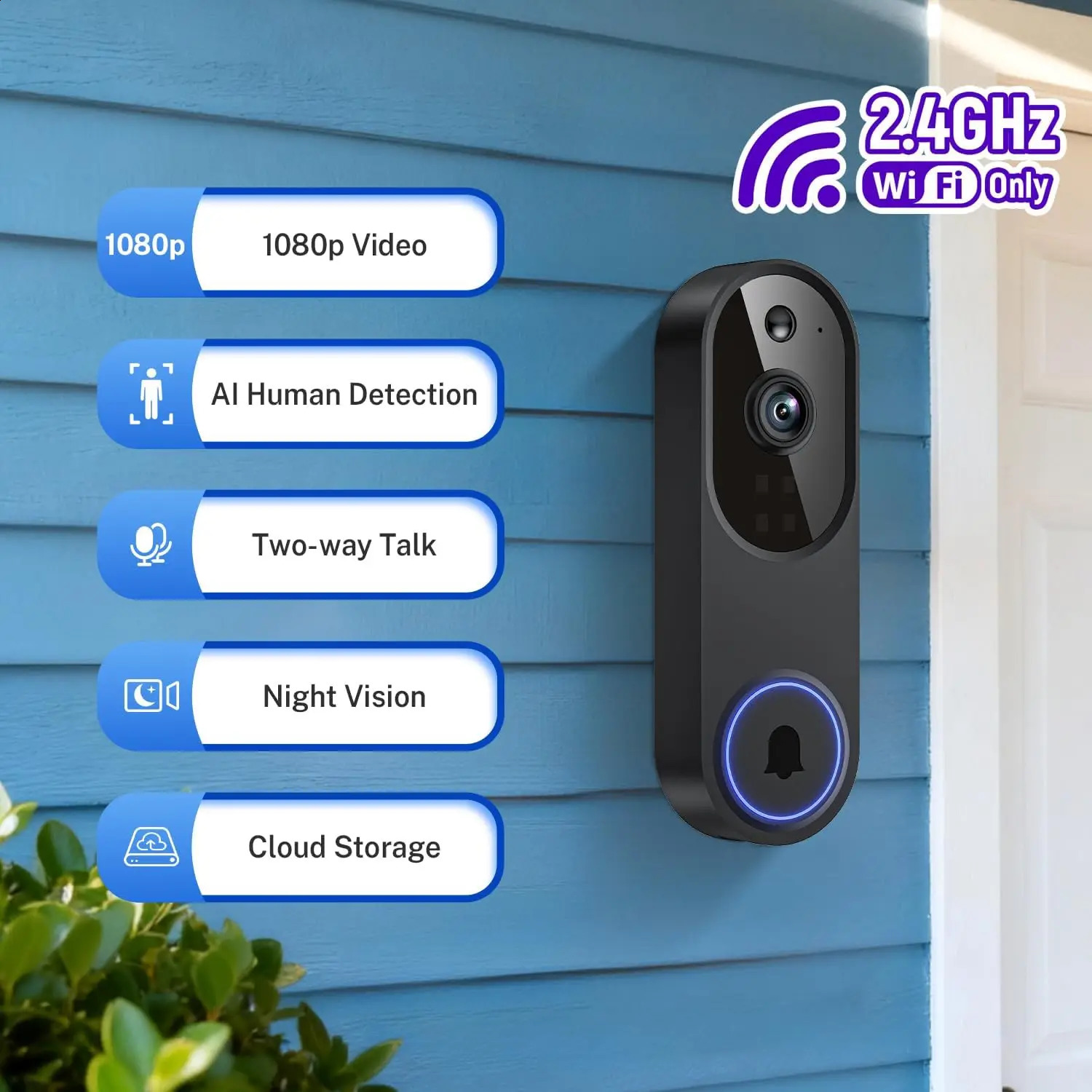 Wireless Wi-Fi Video Doorbell Camera with Two-Way Audio AI Motion Detection Night Vision Cloud Storage 2.4G Wi-Fi Black 260805 - view 3