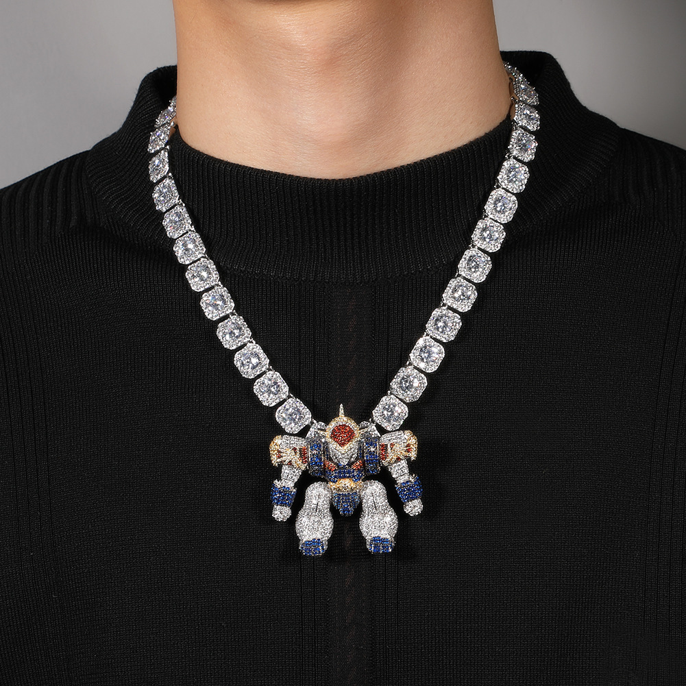 Cartoon Dragon Warrior Pendant Necklace Men Versatile High End Zinc Alloy Micro Inlaid Diamond Robot Hip Hop Silver Plated - view 4