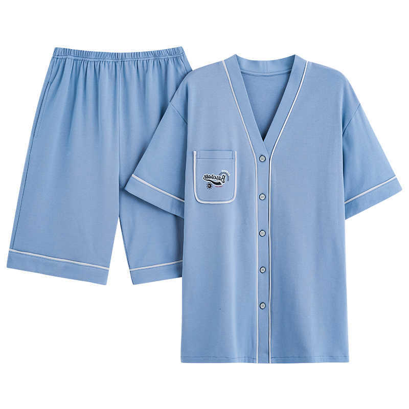 Summer Youth Men's Pyjamas Set Shorts 2pcs Sleepwear V Neck Japanese Kimono Style Button Placket Blue Loungewear Student's Pjs L260806