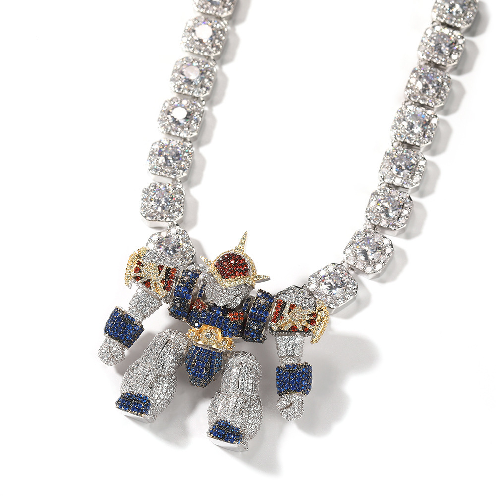 Cartoon Dragon Warrior Pendant Necklace Men Versatile High End Zinc Alloy Micro Inlaid Diamond Robot Hip Hop Silver Plated - view 5
