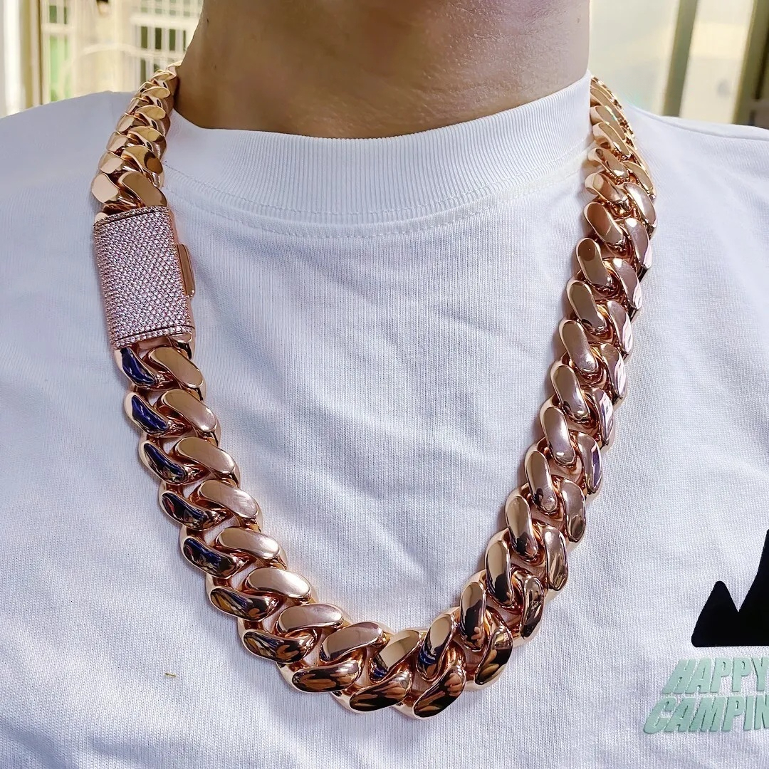 Link Wholesale Rose Gold Cuban and Bracelet Set for Men 18mm Brass Chain with Bling Iced Out Lock Hip Hop Fashion Jewelry - view 3