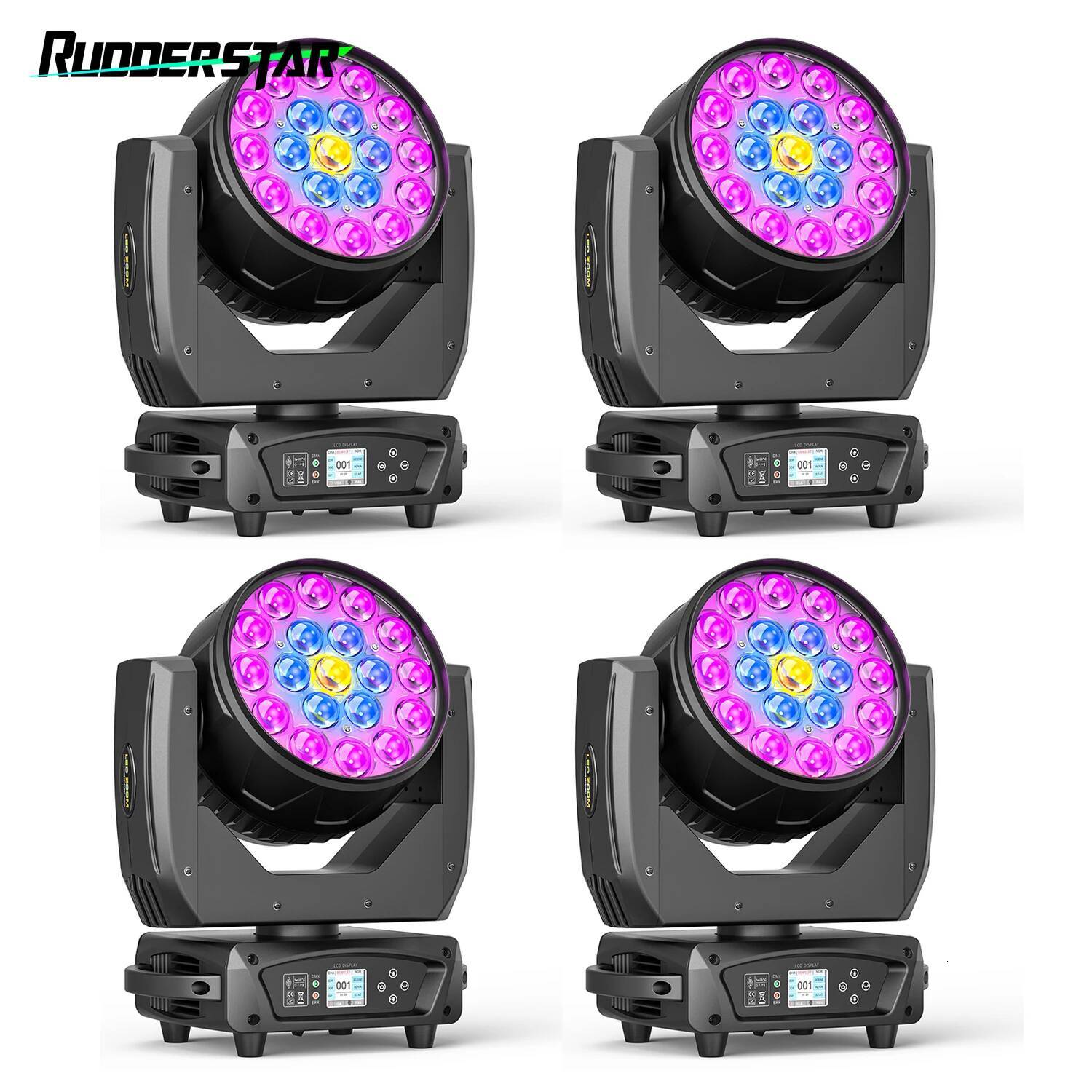 4PCS 19x15W Moving Head Light Beam RGBW Stage Effect Lighting Projector Zoom Wash Lights for Party Concert Theater Live Show Bar W260807