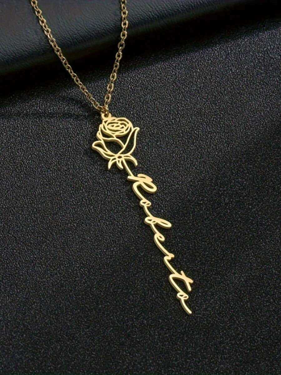 Customized 1pc 18K Gold Plated Stainless Steel Personalized Name Necklace With Rose Pendant Customized English Font Ideal For Mothers Day Valentines D - view 4