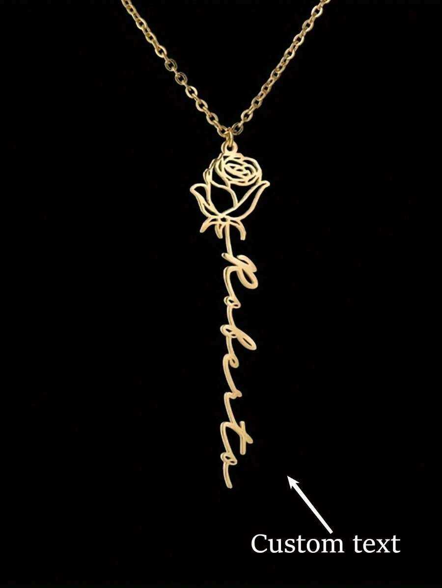 Customized 1pc 18K Gold Plated Stainless Steel Personalized Name Necklace With Rose Pendant Customized English Font Ideal For Mothers Day Valentines D