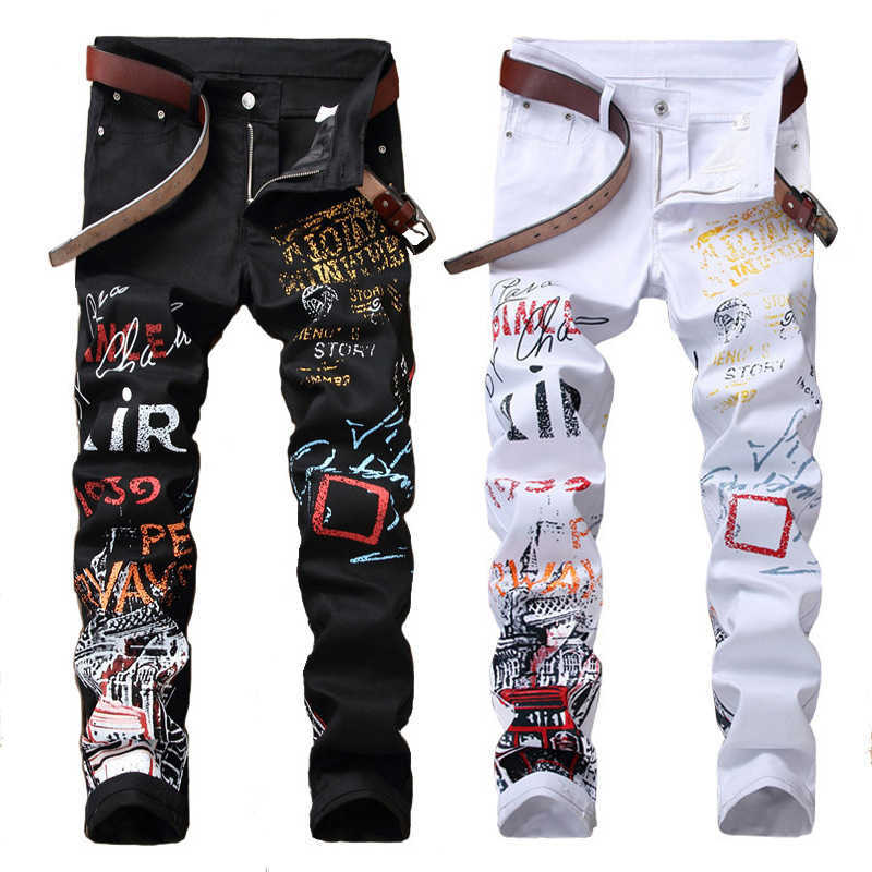 Jeans, men's stretch casual pants, printed straight-leg pants, street fashion J260807