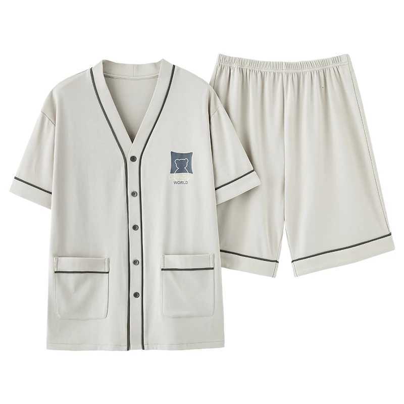 Summer Youth Men's Pyjamas Set Shorts 2pcs Sleepwear V Neck Japanese Kimono Style Button Placket Blue Loungewear Student's Pjs L260806 - view 3