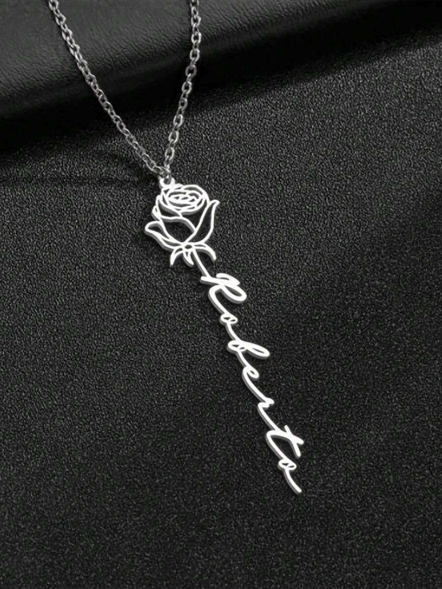 Customized 1pc 18K Gold Plated Stainless Steel Personalized Name Necklace With Rose Pendant Customized English Font Ideal For Mothers Day Valentines D - view 5