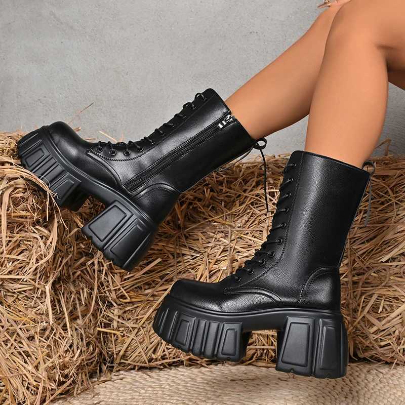 Boots Chunky Heeled Platform Combat for Women Gothic Punk Style Black Motorcycle Boots Woman Autumn Winter Mid Calf Botas Mujer H260807 - view 5