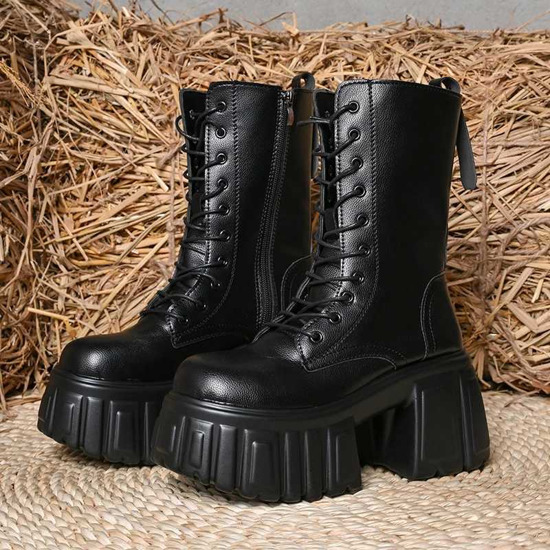 Boots Chunky Heeled Platform Combat for Women Gothic Punk Style Black Motorcycle Boots Woman Autumn Winter Mid Calf Botas Mujer H260807 - view 7