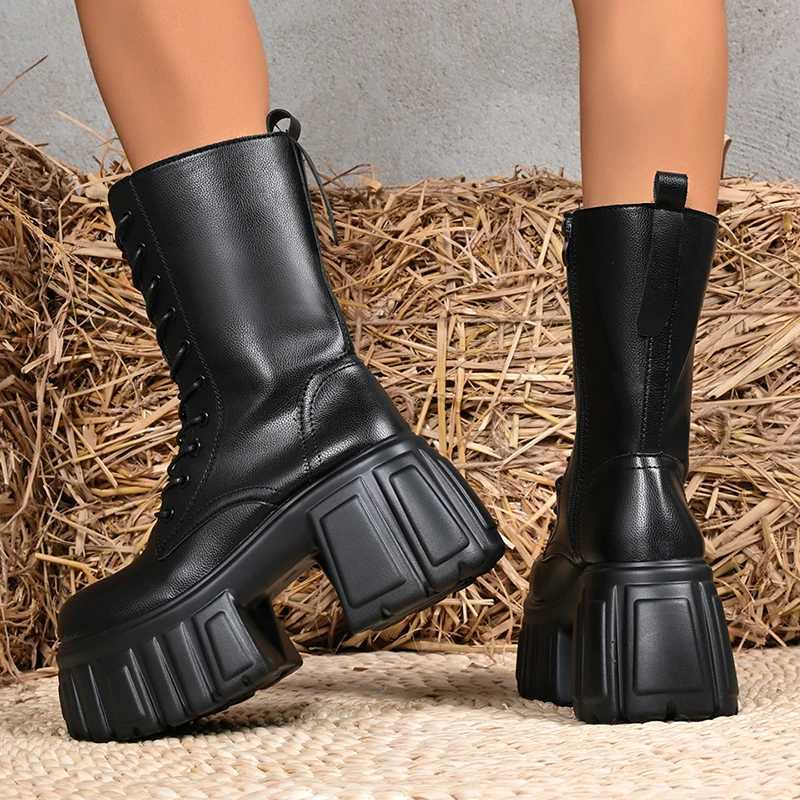 Boots Chunky Heeled Platform Combat for Women Gothic Punk Style Black Motorcycle Boots Woman Autumn Winter Mid Calf Botas Mujer H260807 - view 4