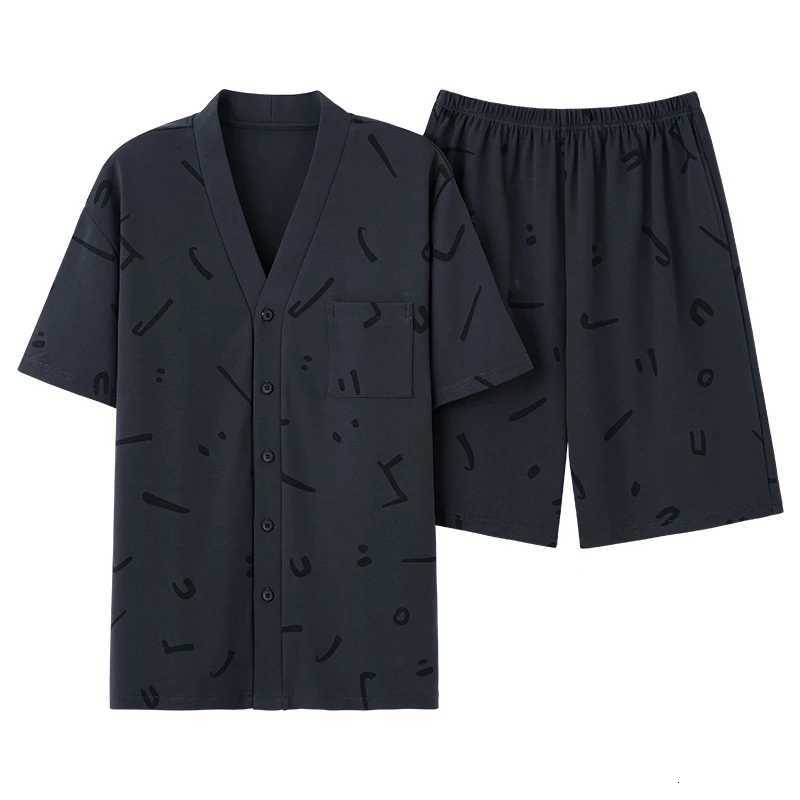 Summer Youth Men's Pyjamas Set Shorts 2pcs Sleepwear V Neck Japanese Kimono Style Button Placket Blue Loungewear Student's Pjs L260806 - view 7
