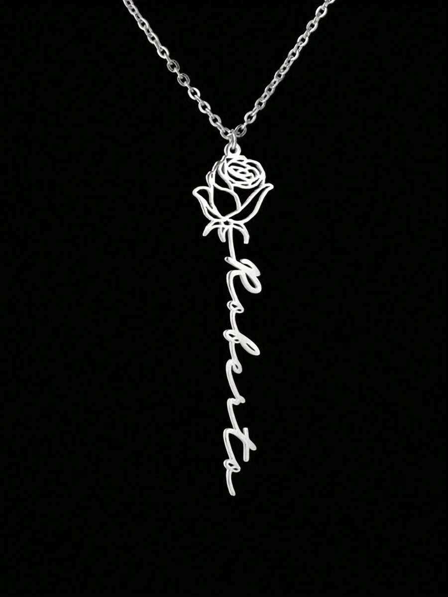 Customized 1pc 18K Gold Plated Stainless Steel Personalized Name Necklace With Rose Pendant Customized English Font Ideal For Mothers Day Valentines D - view 3