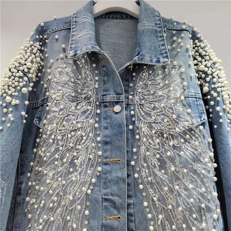 Lapels Coat Blue Loose Denim Patch Designs Bead Nail Pearls Female Single Breasted Jackets 2026 Spring and Autumn New Fashion L260807 - view 4