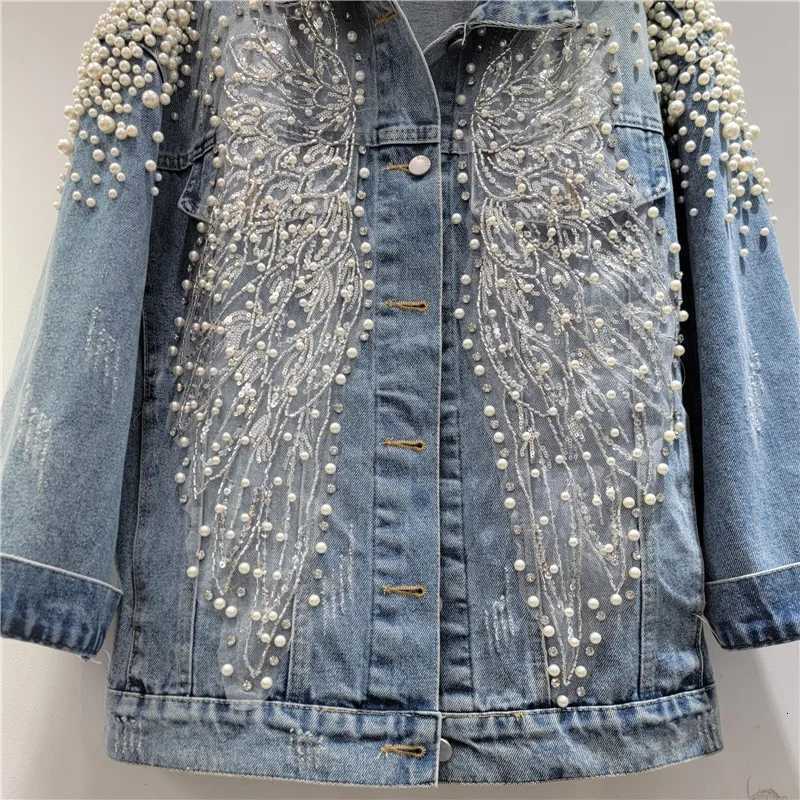 Lapels Coat Blue Loose Denim Patch Designs Bead Nail Pearls Female Single Breasted Jackets 2026 Spring and Autumn New Fashion L260807 - view 5