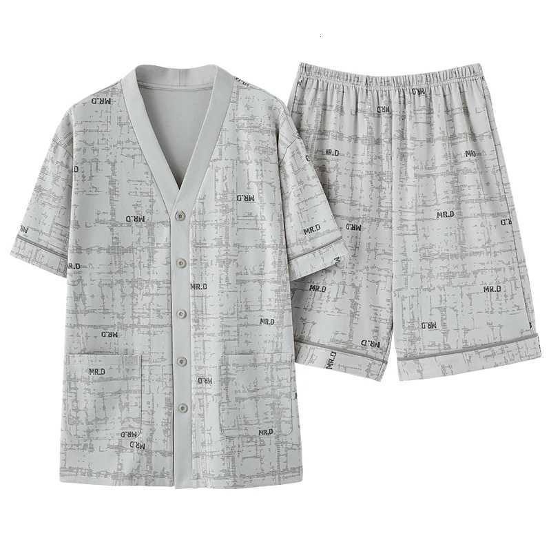 Summer Youth Men's Pyjamas Set Shorts 2pcs Sleepwear V Neck Japanese Kimono Style Button Placket Blue Loungewear Student's Pjs L260806 - view 5