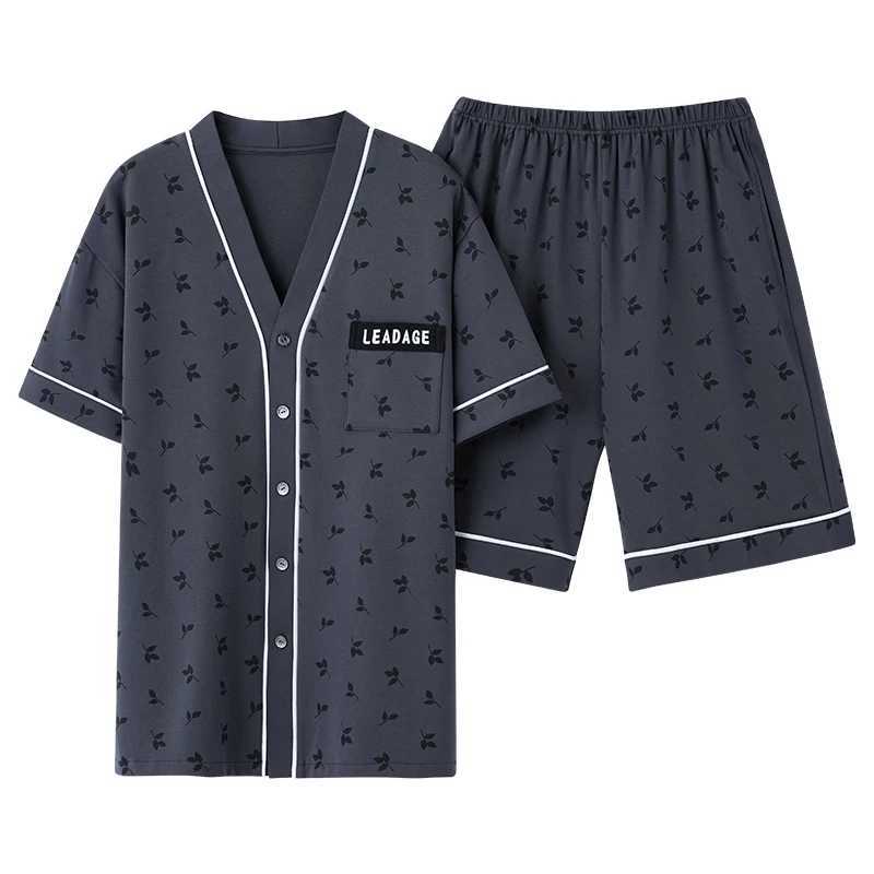 Summer Youth Men's Pyjamas Set Shorts 2pcs Sleepwear V Neck Japanese Kimono Style Button Placket Blue Loungewear Student's Pjs L260806 - view 6