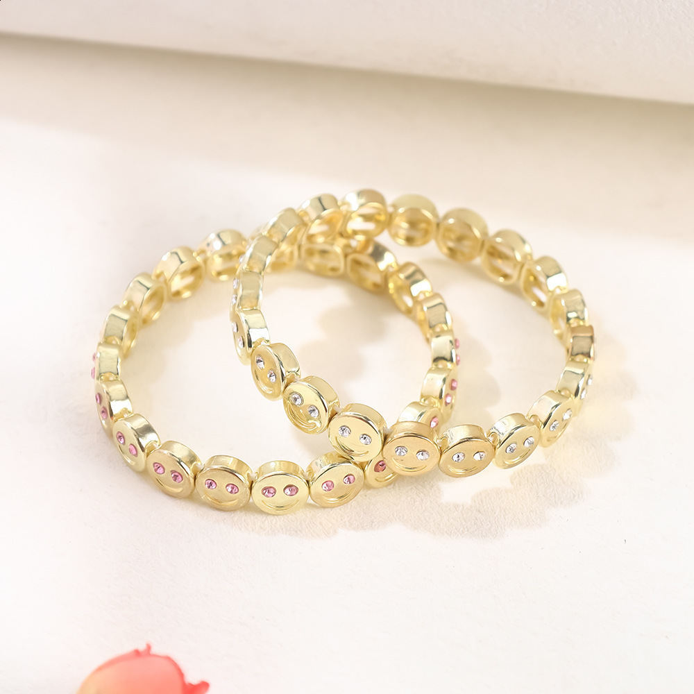 Enamel Happy Face Inlaid Dimond Bracelet for Women Gold Color Dice Beads Elastic Bangle Boho Jewelry Accessories 260609 - view 3