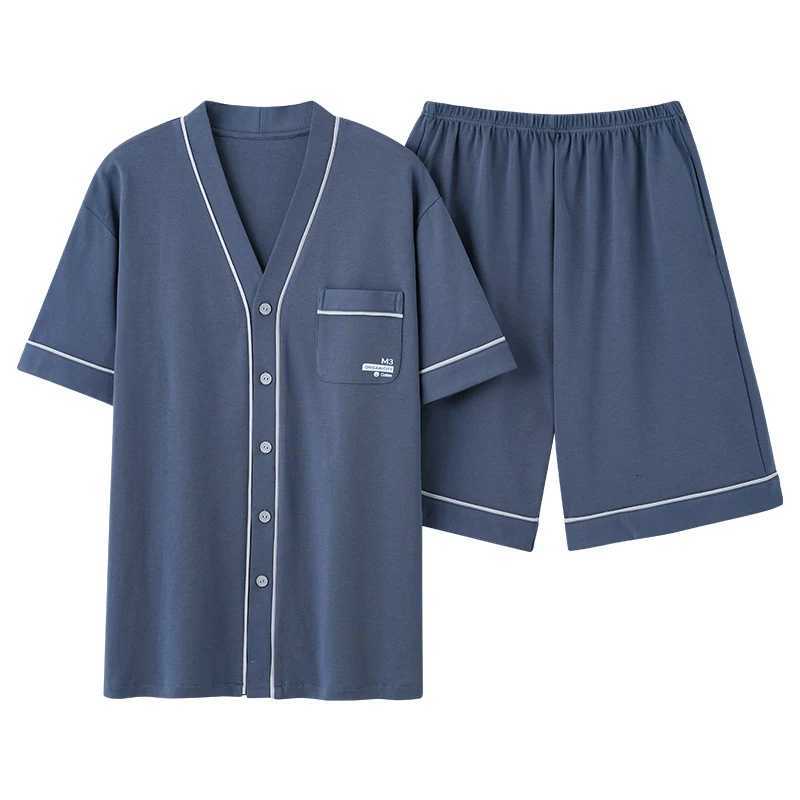 Summer Youth Men's Pyjamas Set Shorts 2pcs Sleepwear V Neck Japanese Kimono Style Button Placket Blue Loungewear Student's Pjs L260806 - view 4