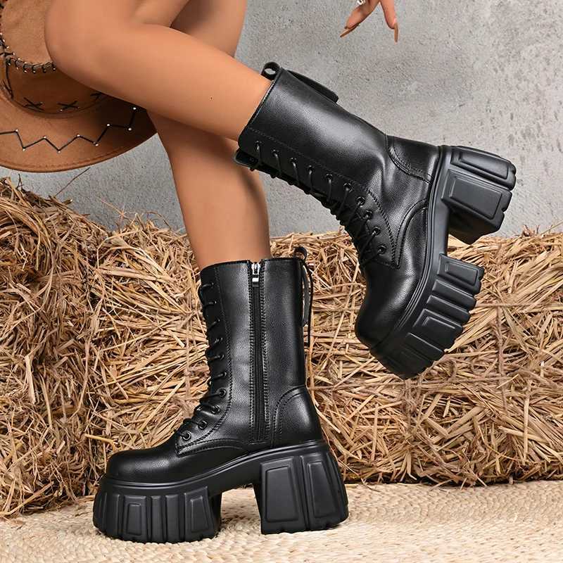 Boots Chunky Heeled Platform Combat for Women Gothic Punk Style Black Motorcycle Boots Woman Autumn Winter Mid Calf Botas Mujer H260807 - view 6