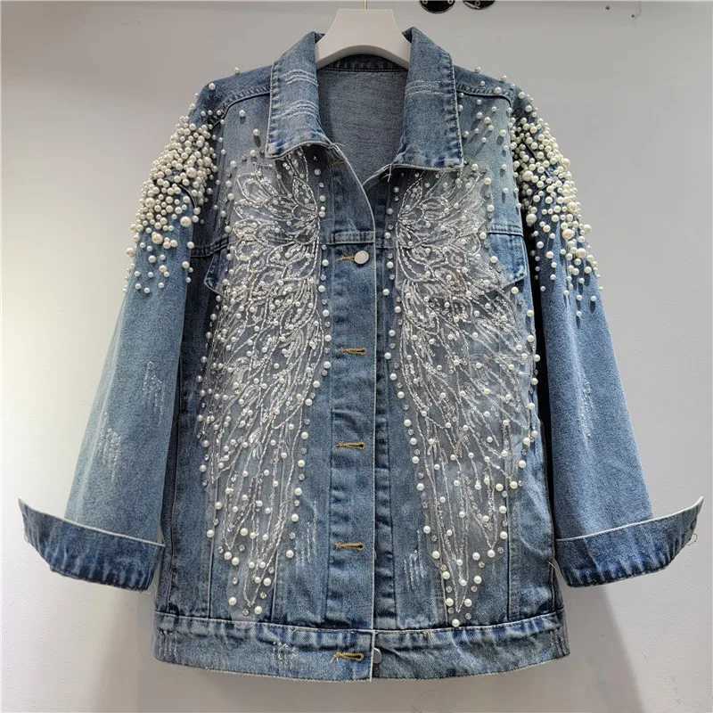 Lapels Coat Blue Loose Denim Patch Designs Bead Nail Pearls Female Single Breasted Jackets 2026 Spring and Autumn New Fashion L260807 - view 3