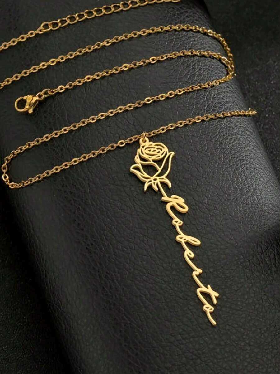 Customized 1pc 18K Gold Plated Stainless Steel Personalized Name Necklace With Rose Pendant Customized English Font Ideal For Mothers Day Valentines D - view 6
