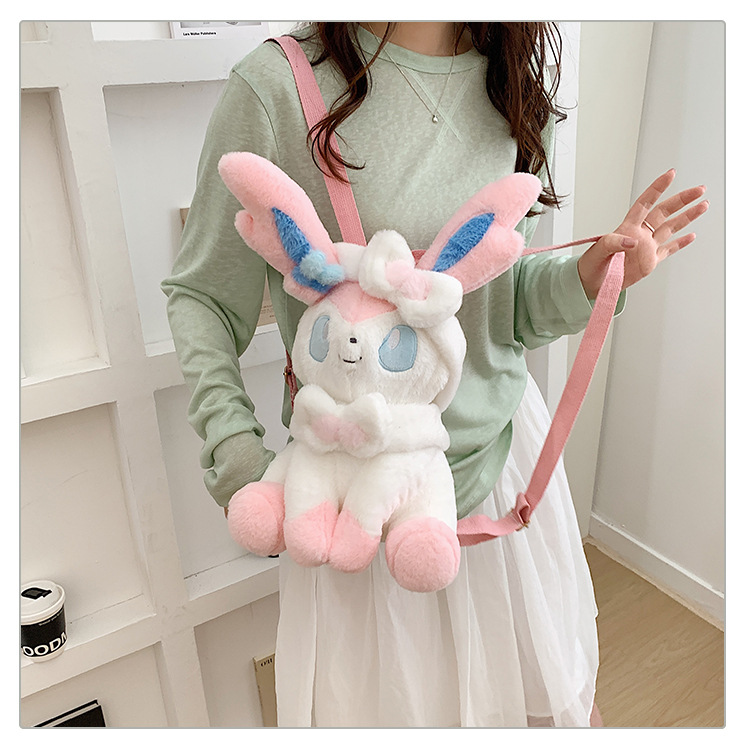 Title: 35cm Lovely White Pink Cartoon Plush Backpack, Bow Decor Fluffy Stuffed Doll Rucksack, Adjustable Strap Shoulder Bag for Girls Anime Lovers