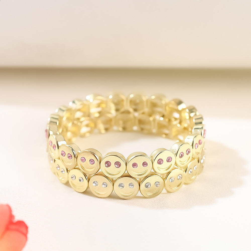 Enamel Happy Face Inlaid Dimond Bracelet for Women Gold Color Dice Beads Elastic Bangle Boho Jewelry Accessories 260609 - view 5