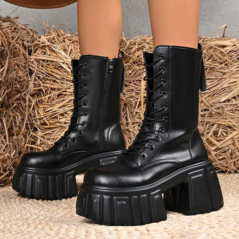 Boots Chunky Heeled Platform Combat for Women Gothic Punk Style Black Motorcycle Boots Woman Autumn Winter Mid Calf Botas Mujer H260807 - view 3