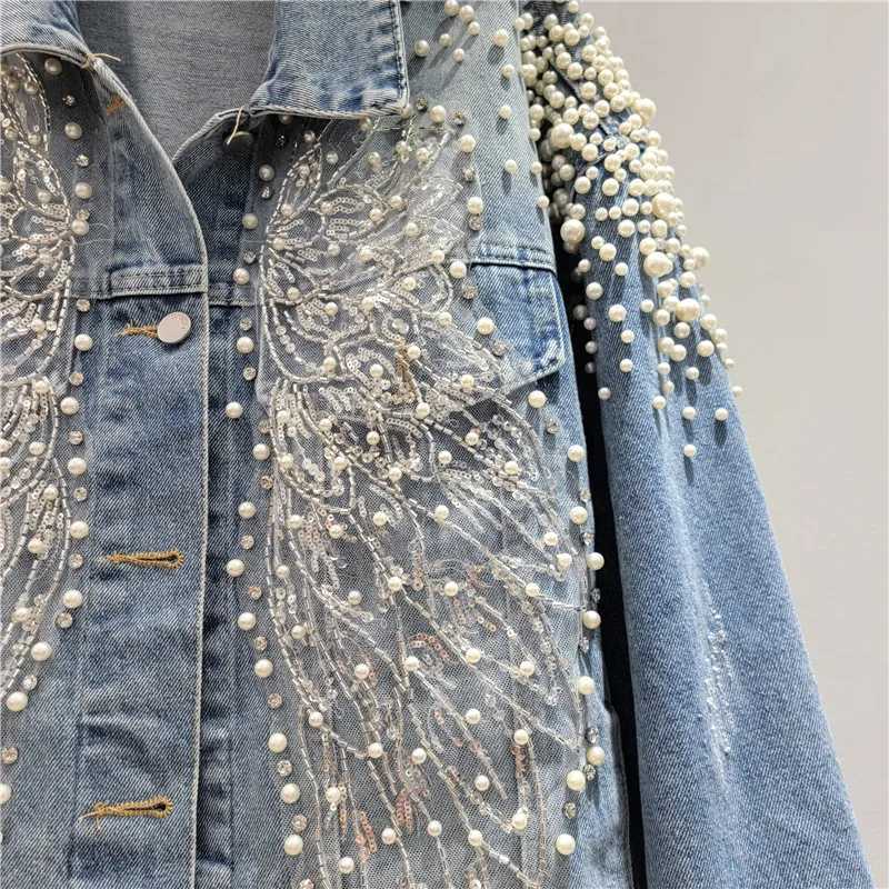 Lapels Coat Blue Loose Denim Patch Designs Bead Nail Pearls Female Single Breasted Jackets 2026 Spring and Autumn New Fashion L260807 - view 6