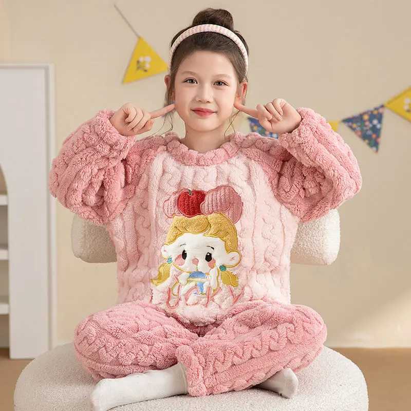 Winter Warm Teenage Pajamas Animal Cartoon Bear Kids Pijamas Set Coral Fleece Plush Girls Home Clothes Flannel Boys Sleepwear Z260808 - view 4