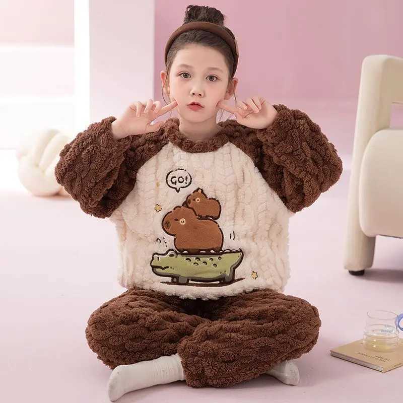 Winter Warm Teenage Pajamas Animal Cartoon Bear Kids Pijamas Set Coral Fleece Plush Girls Home Clothes Flannel Boys Sleepwear Z260808 - view 6