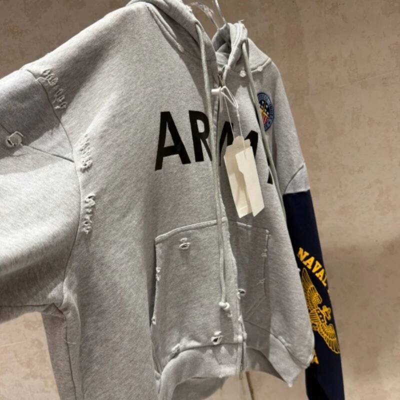 2026 Patchwork ARMY Vintage Damaged Cardigan Pullover Men Designer Fashion Women Best Quality Hoodie - view 7