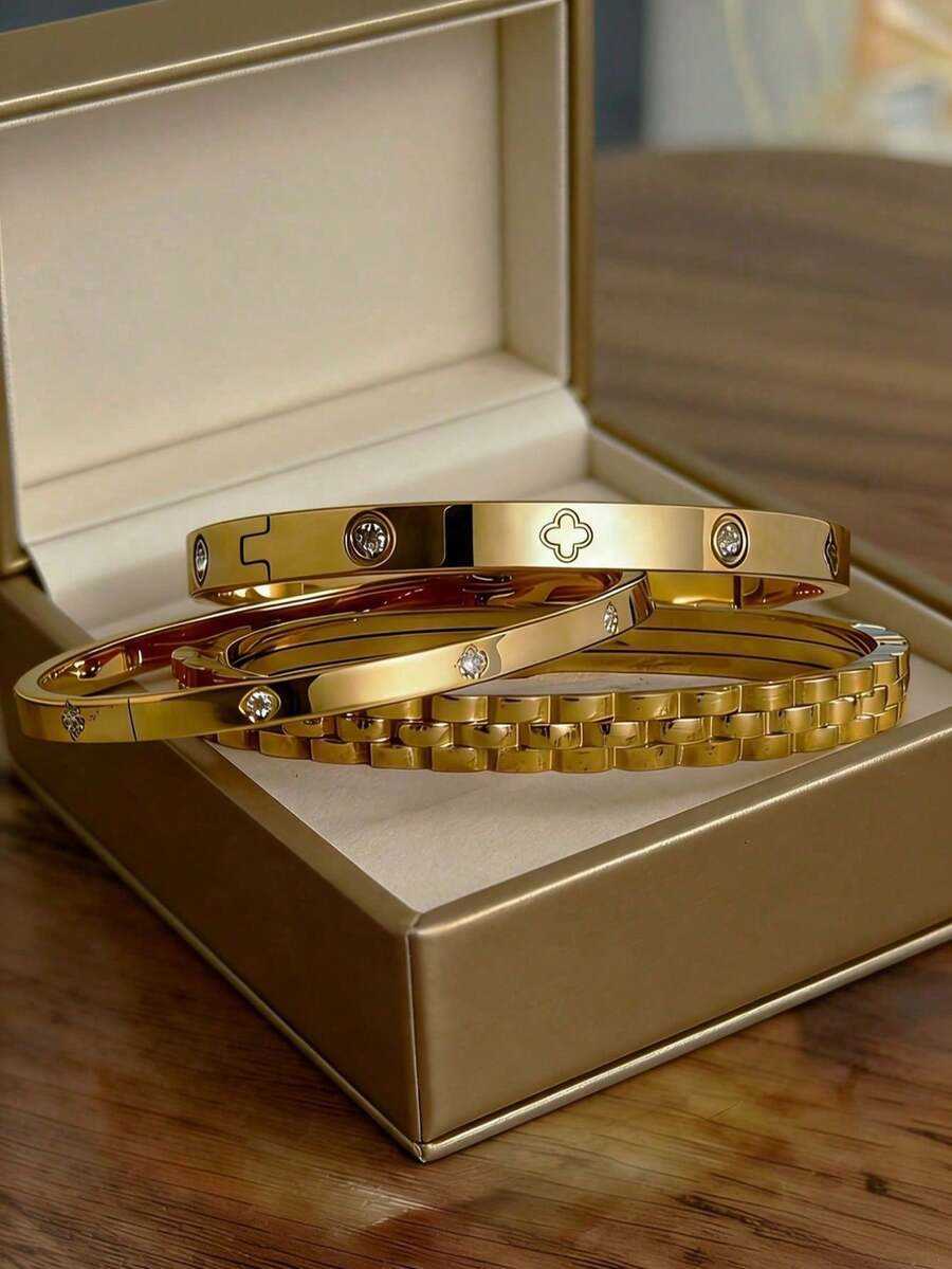 31pc 18K Gold Plated Premium Stainless Steel Bracelet Womens Flower Zirconia Bracelet Multi Jewelry Set Includes Chain Gear And Design Fas H260808 - view 3